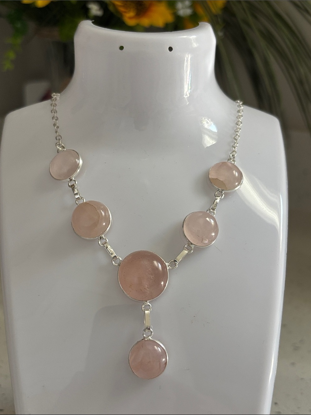 Sterling Rose Quartz Circle Drop Link Gemstone Necklace